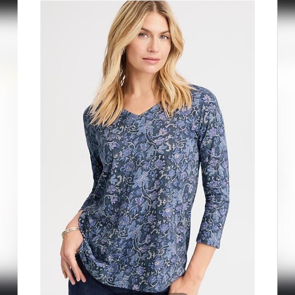 Pure Jill Raven Climbing Vines Organic Cotton Slub Tee 3/4 Sleeve Floral Boho M